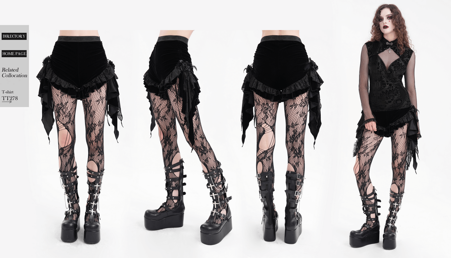 Luxurious gothic velvet shorts with ruffles and feathers, paired with fishnet tights and platform boots, showcasing dark romanticism.