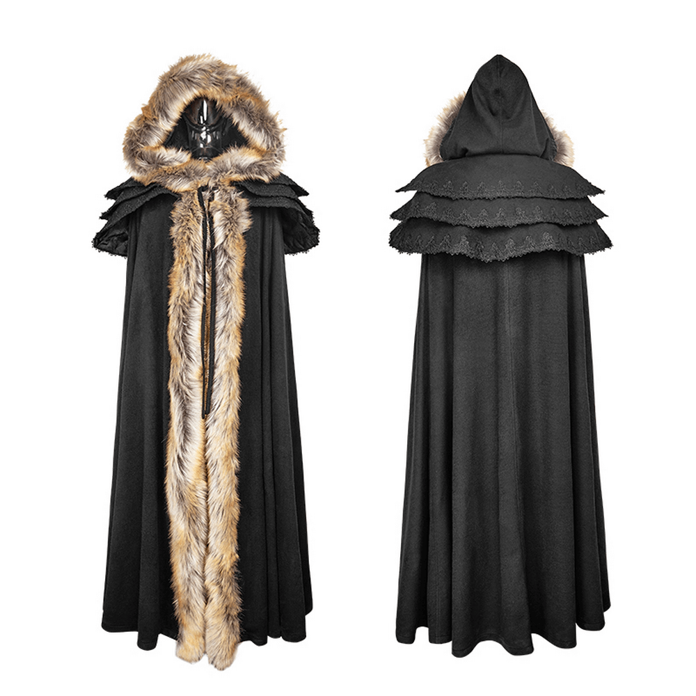 Luxurious Gothic fur-trimmed woolen cloak with a majestic hood and opulent collar, perfect for dramatic flair.