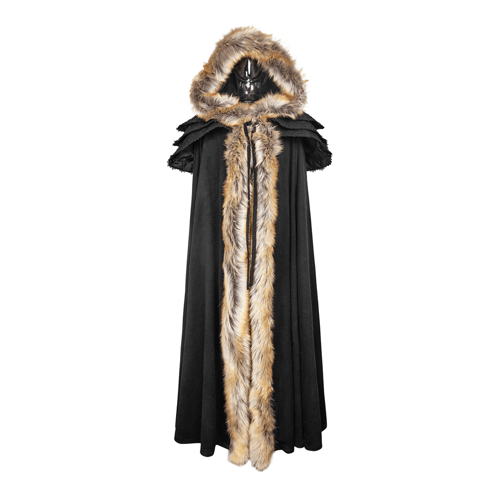 Luxurious gothic fur-trimmed woolen long cloak with a majestic hood and elegant design, perfect for regal style.