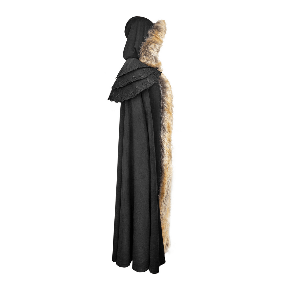 Luxurious black gothic cloak with fur trim, showcasing regal design and soft fabric, perfect for dramatic elegance.