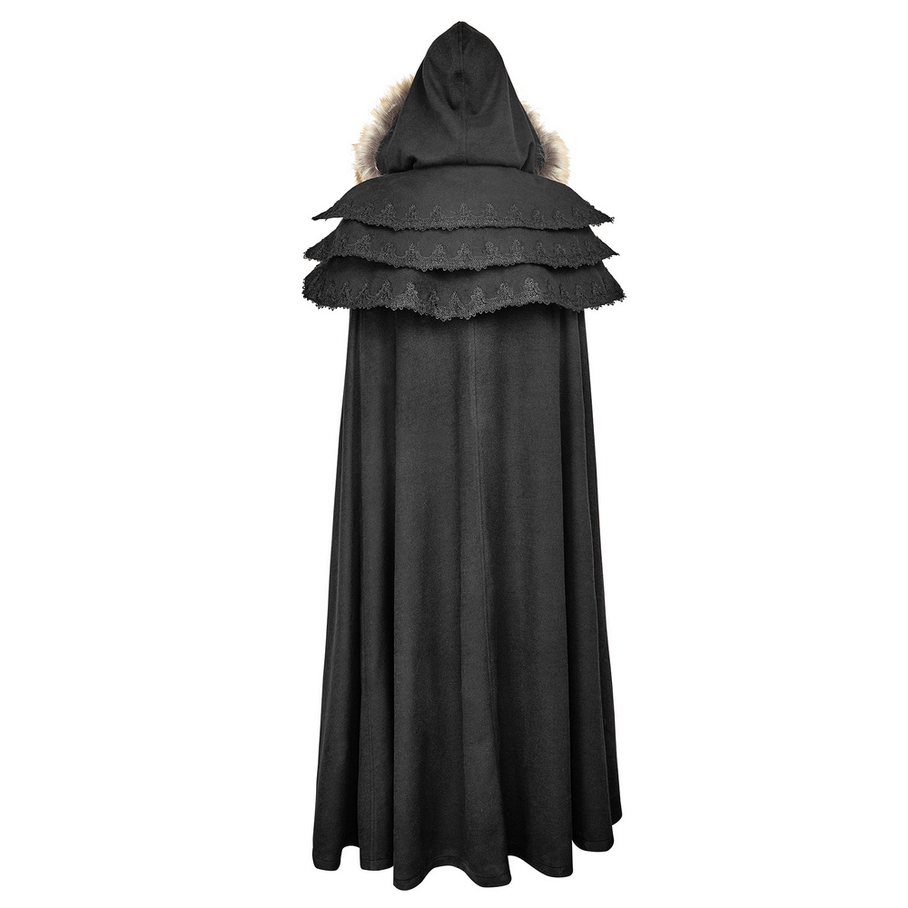 Luxurious gothic woolen long cloak with fur trim and layered hood, showcasing regal style and opulent design.