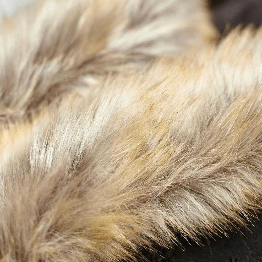 Close-up of luxurious fur trim in earthy tones, evoking opulence and gothic elegance for a long cloak.