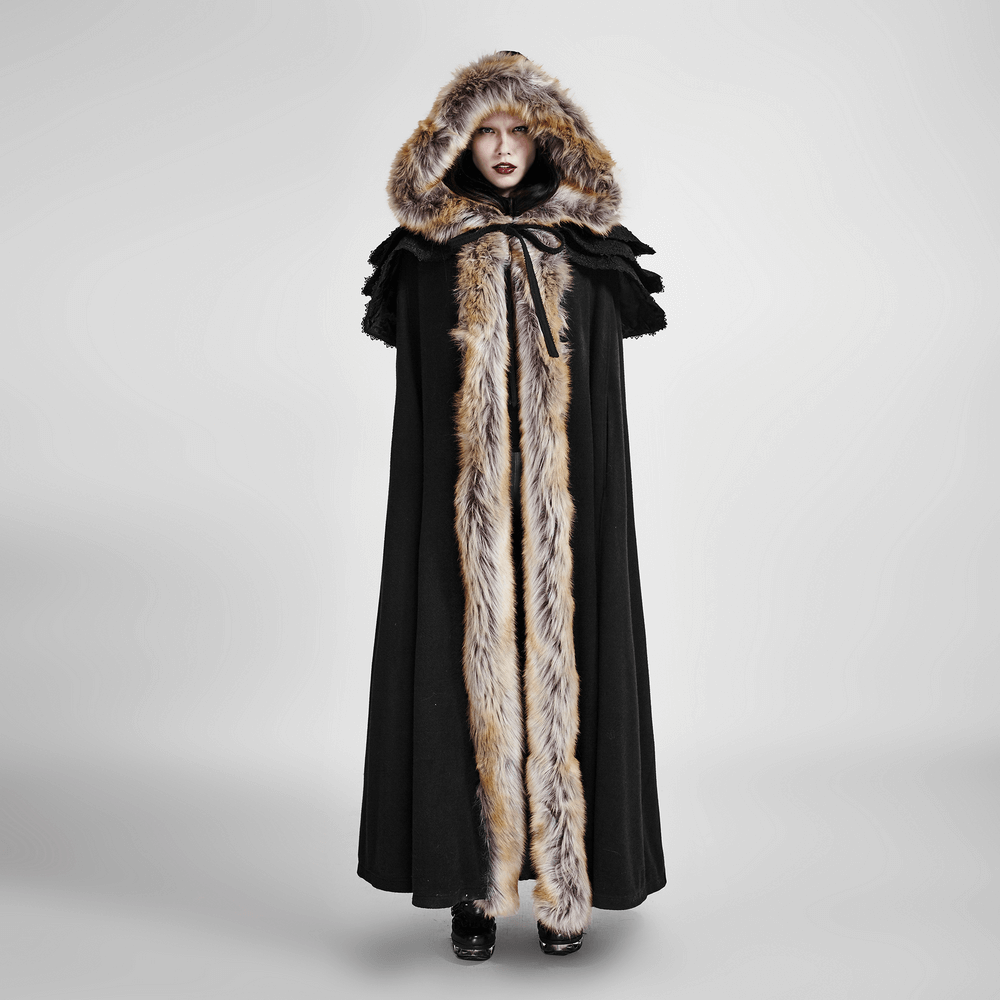 Luxurious gothic fur-trimmed woolen long cloak with a hood, embodying royal and opulent elegance.