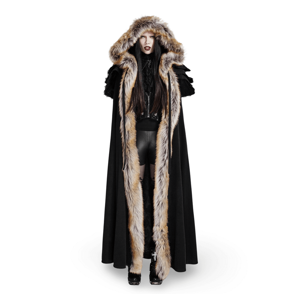 Luxurious Gothic fur-trimmed woolen long cloak with hood, embodying regal elegance and gothic grandeur.