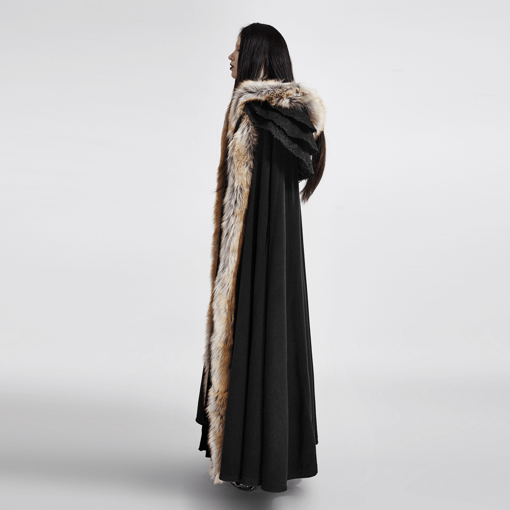 Luxurious gothic fur-trimmed woolen long cloak showcasing regal style and opulent design from the side.