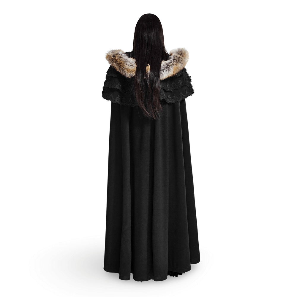 Luxurious gothic long cloak with fur trim, showcasing regal style and soft fabric, perfect for embodying opulence.