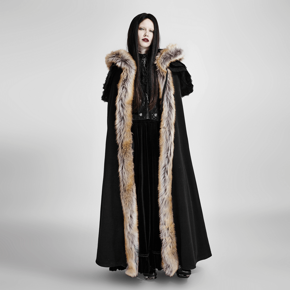 Luxurious gothic fur-trimmed woolen long cloak showcasing regal style and soft furry fabric for a majestic look.