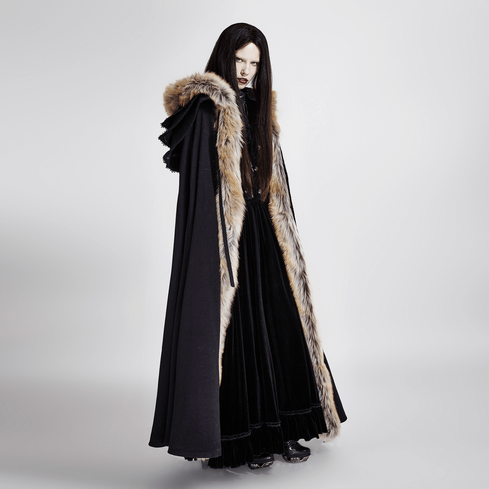 Luxurious Gothic fur-trimmed woolen cloak on model, showcasing opulent design and regal aesthetics.