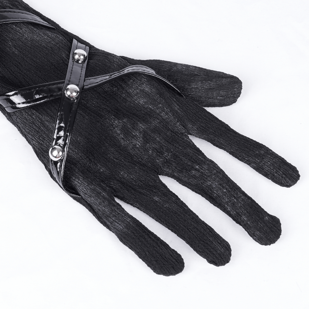 Luxurious black lace opera gloves with rivet straps, adding gothic elegance and punk flair to any outfit.