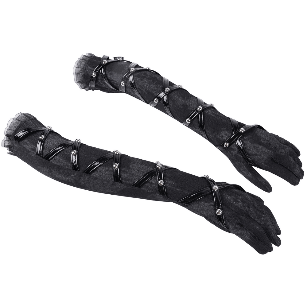 Luxurious black lace opera gloves with rivet straps for gothic punk style.