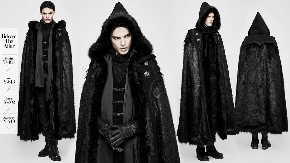 Luxurious Gothic witch cloak with fur trim, showcasing dark elegance and winter sophistication in a stylish black ensemble.