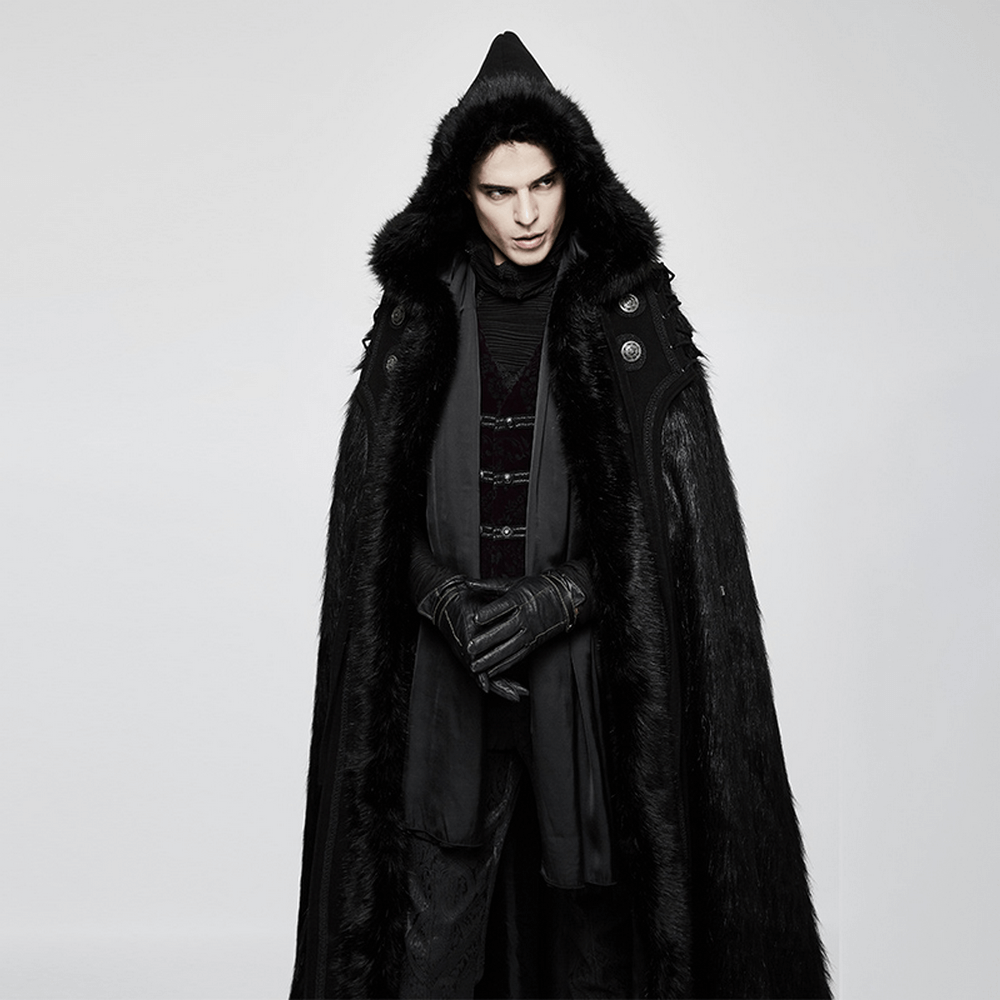 Luxurious Gothic Witch Long Fur-Trimmed Cloak featuring a striking hood and sleek design, perfect for dark elegance.