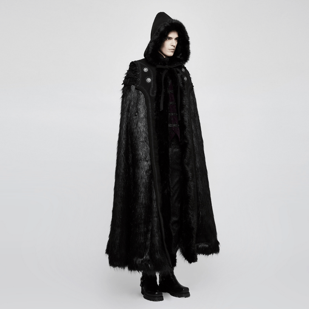 Elegant Gothic witch wearing a luxurious fur-trimmed cloak with a hood, embodying dark sophistication and style.
