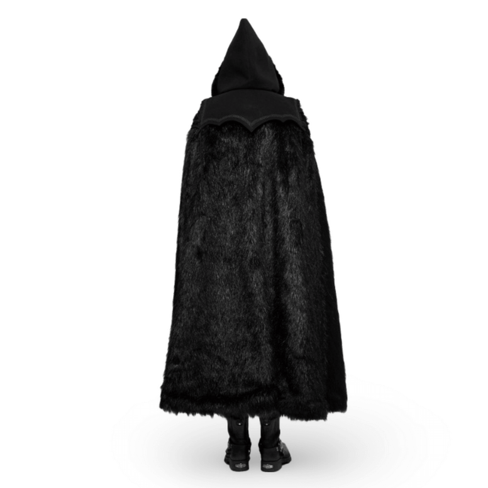Back view of a luxurious Gothic witch fur-trimmed long cloak with a hood, showcasing elegant dark style.