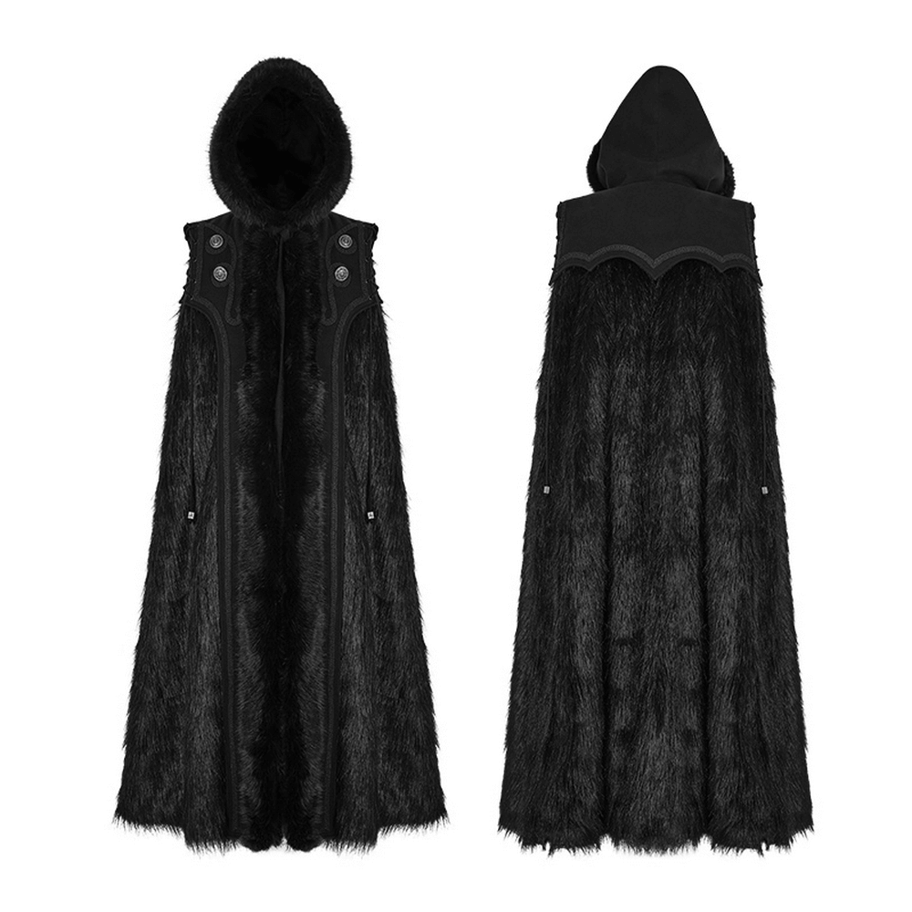 Luxurious Gothic Witch Fur-Trimmed Long Cloak with hood, showcasing front and back views, perfect for dark elegance.
