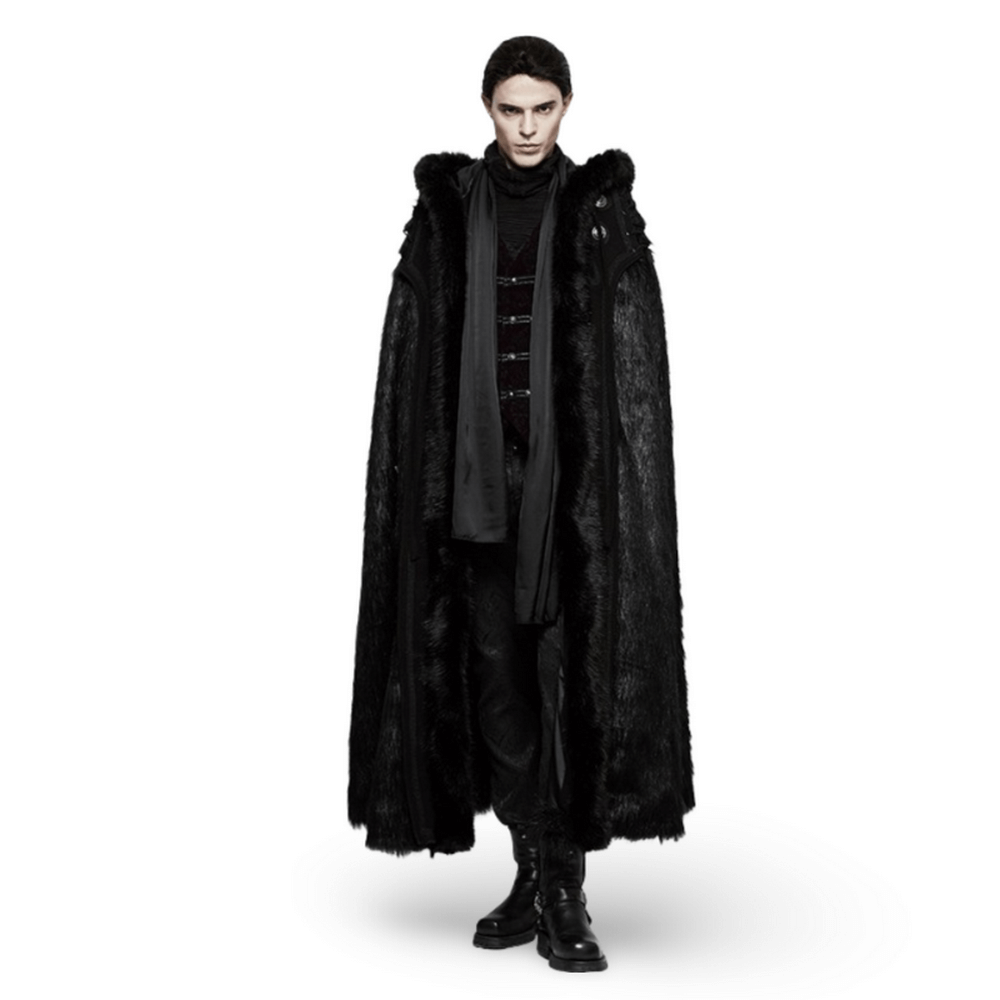 Gothic witch in a luxurious fur-trimmed long cloak, exuding dark elegance and sophistication.