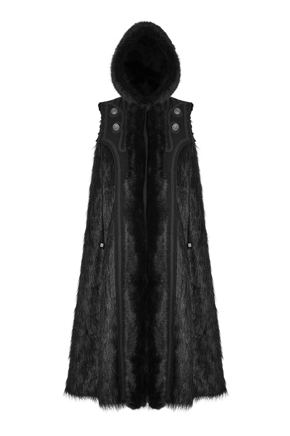 Luxurious Gothic witch fur-trimmed long cloak with hood, perfect for winter elegance and dark aesthetic.
