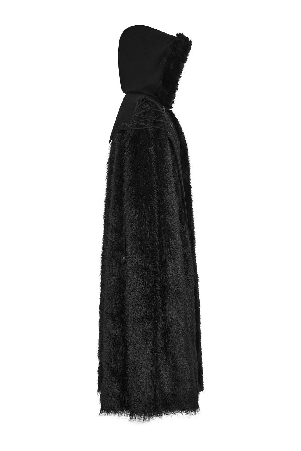 Luxurious gothic witch fur-trimmed long cloak with hood, showcasing elegance and sophistication in winter fashion.