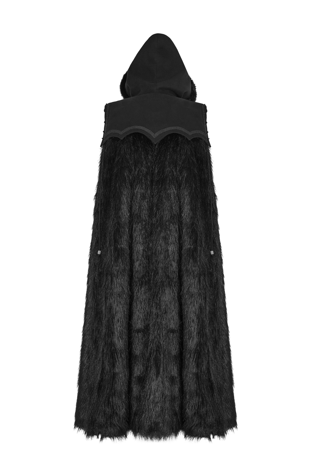 Luxurious black fur-trimmed gothic witch cloak with a hood, perfect for winter elegance and dramatic style.