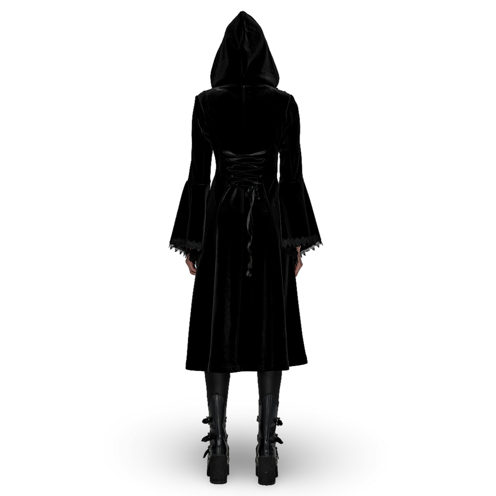 Back view of a luxurious hooded velvet coat featuring gothic flair and flowing sleeves.