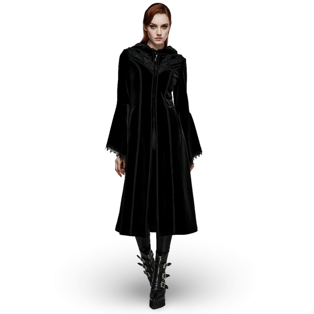 Luxurious black velvet hooded coat with Gothic flair, featuring bell sleeves and a stylish mesh-lined hood.