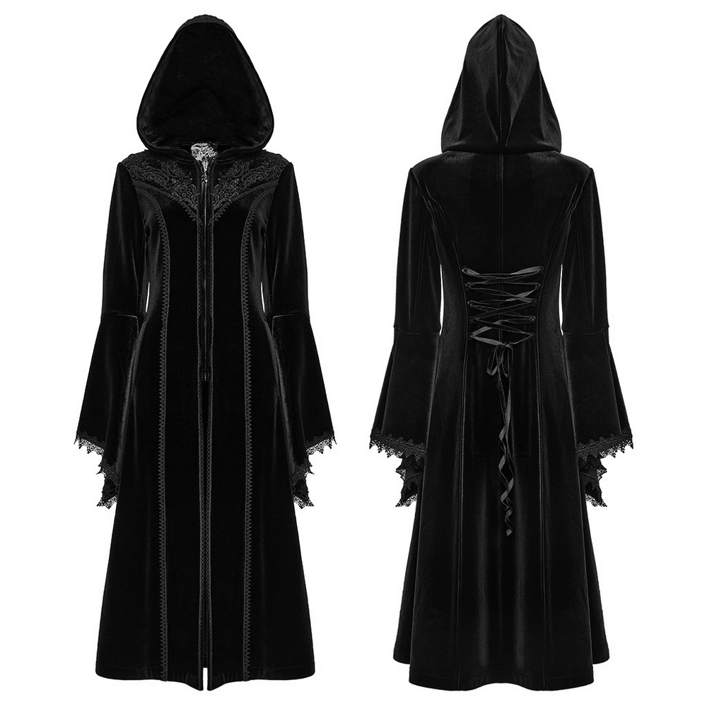 Luxurious gothic velvet hooded coat showcasing intricate lace details and elegant bell sleeves, perfect for winter fashion.