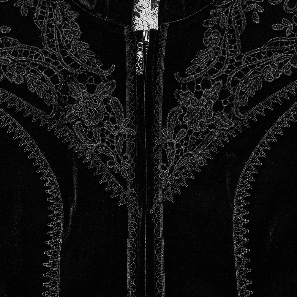Close-up of intricate embroidery on the Luxurious Gothic Velvet Hooded Coat, showcasing elegant floral designs.