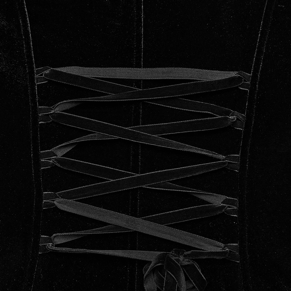 Luxurious black velvet coat detailing with intricate lace-up back design.