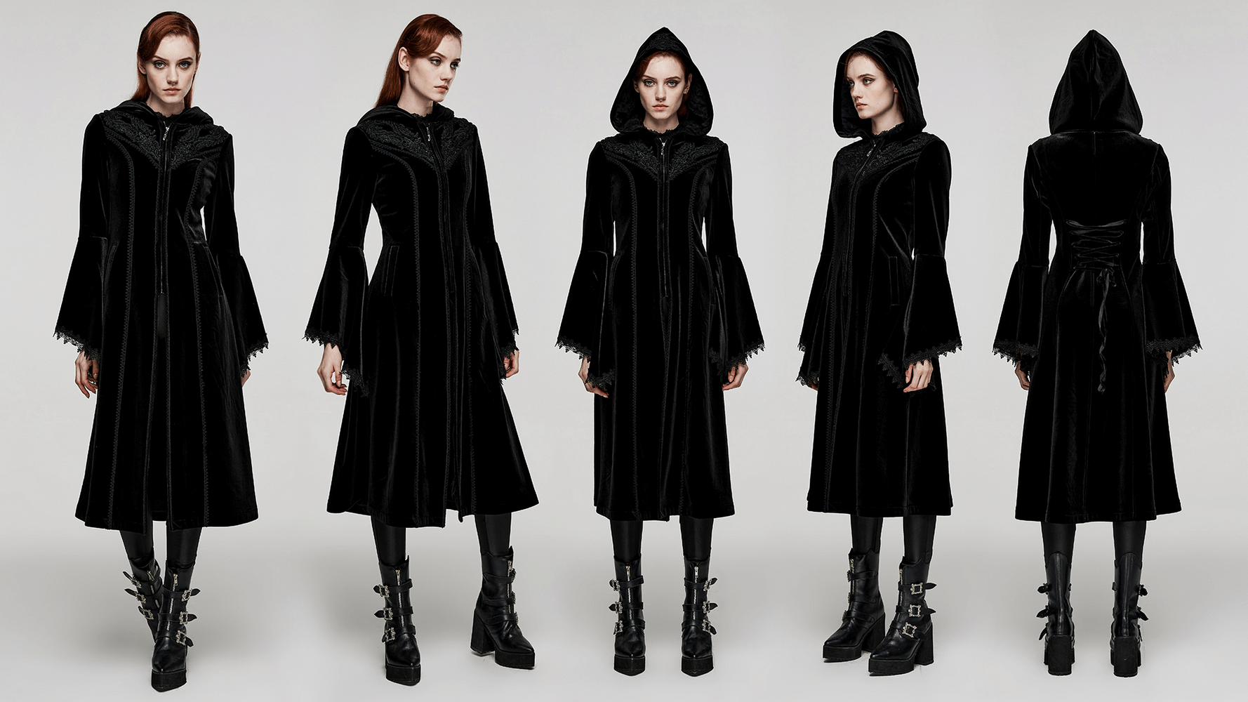 Luxurious hooded velvet coat with gothic flair, showcasing elegant black design and opulent details from all angles.