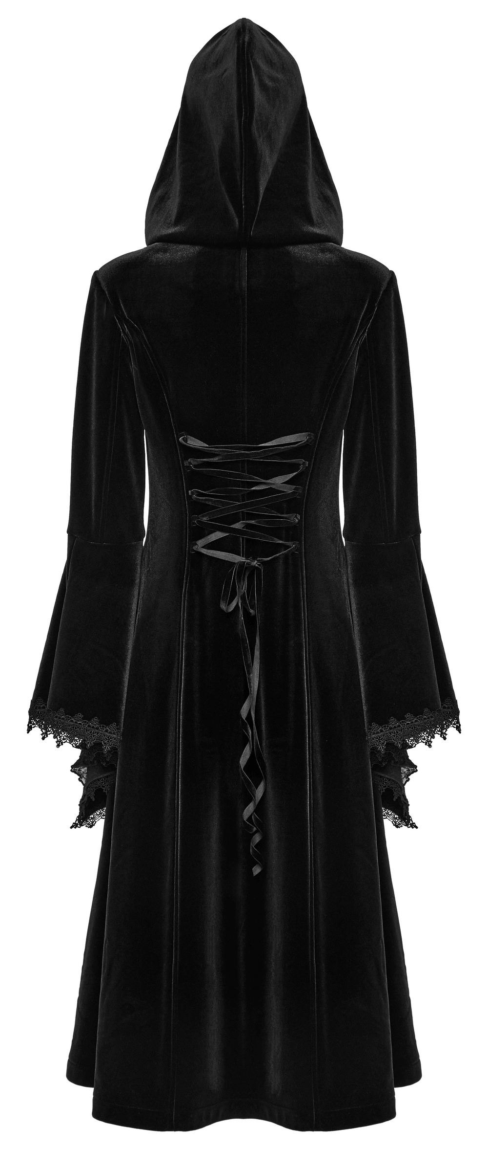 Back view of a luxurious black velvet hooded coat with gothic lace detailing and elegant flared sleeves.