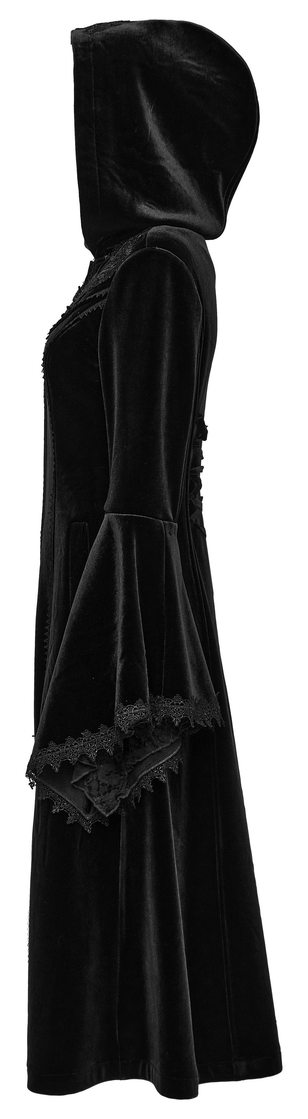 Luxurious Gothic velvet coat with hood and flowing sleeves, showcasing warm elegance and intricate lace details.