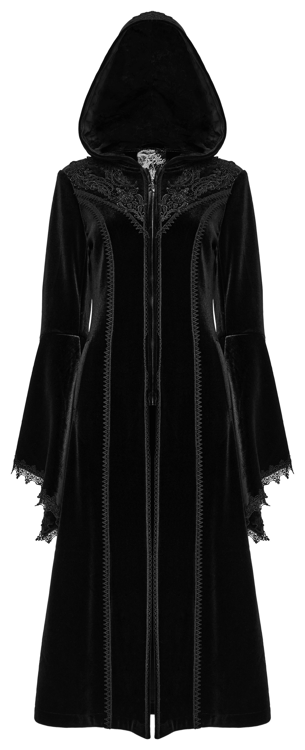 Luxurious black velvet hooded coat with gothic details and flowing sleeves for a stylish winter look.