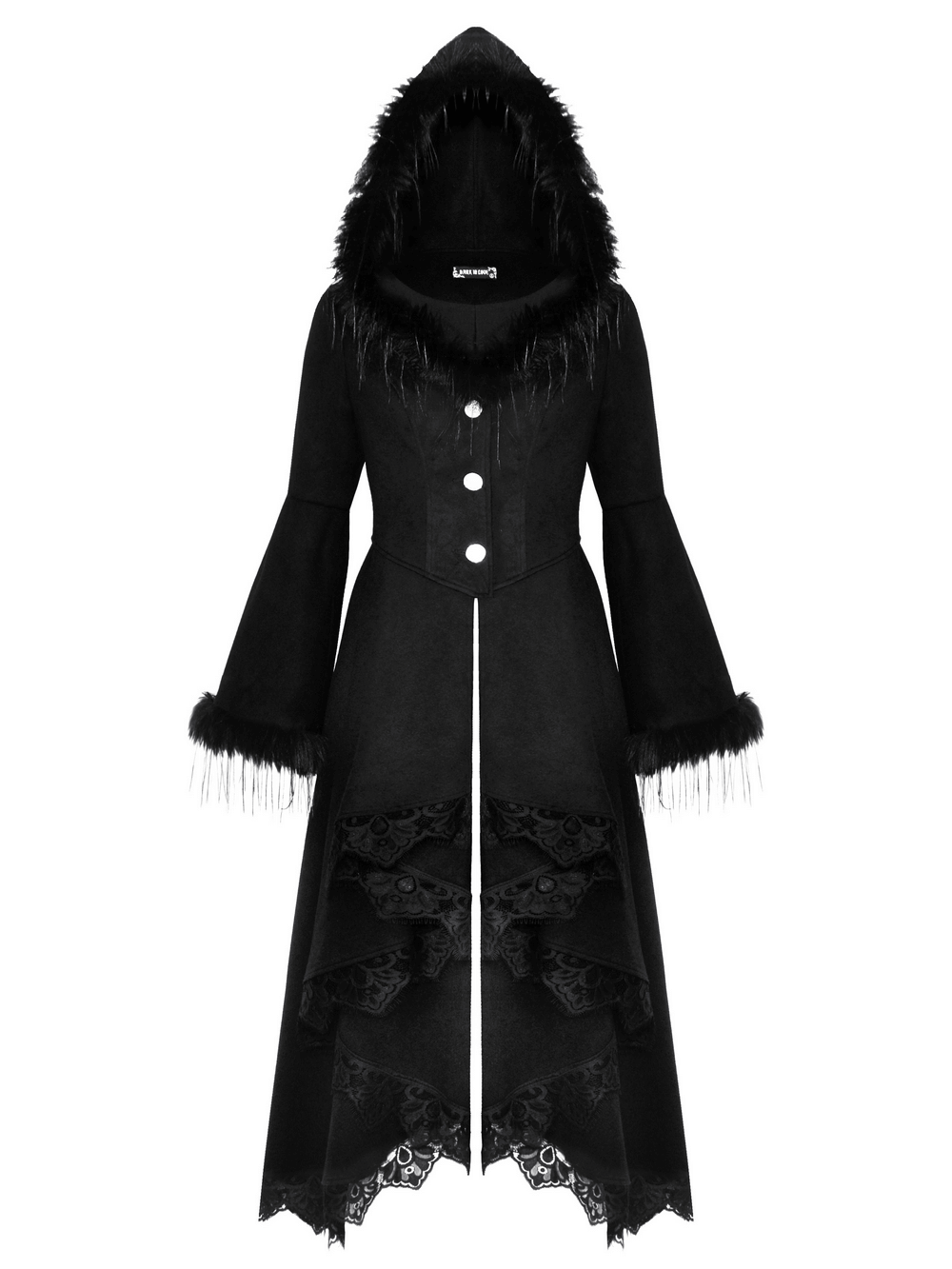 Luxurious lace-trimmed gothic hooded coat with faux fur, dramatic bell sleeves, and asymmetrical hem for women.