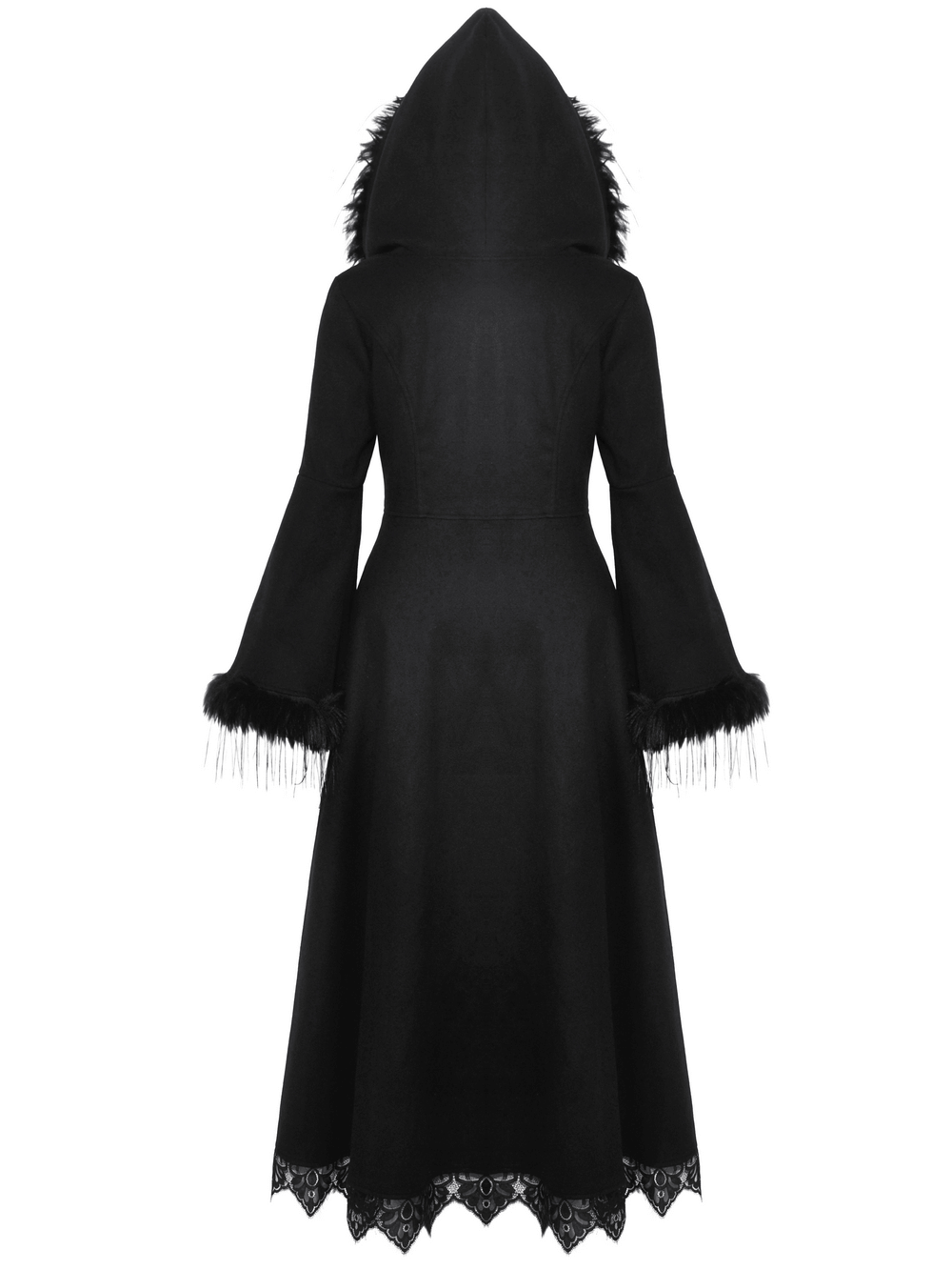 Back view of a luxurious black hooded coat with lace trim and faux fur details, perfect for a gothic winter look.