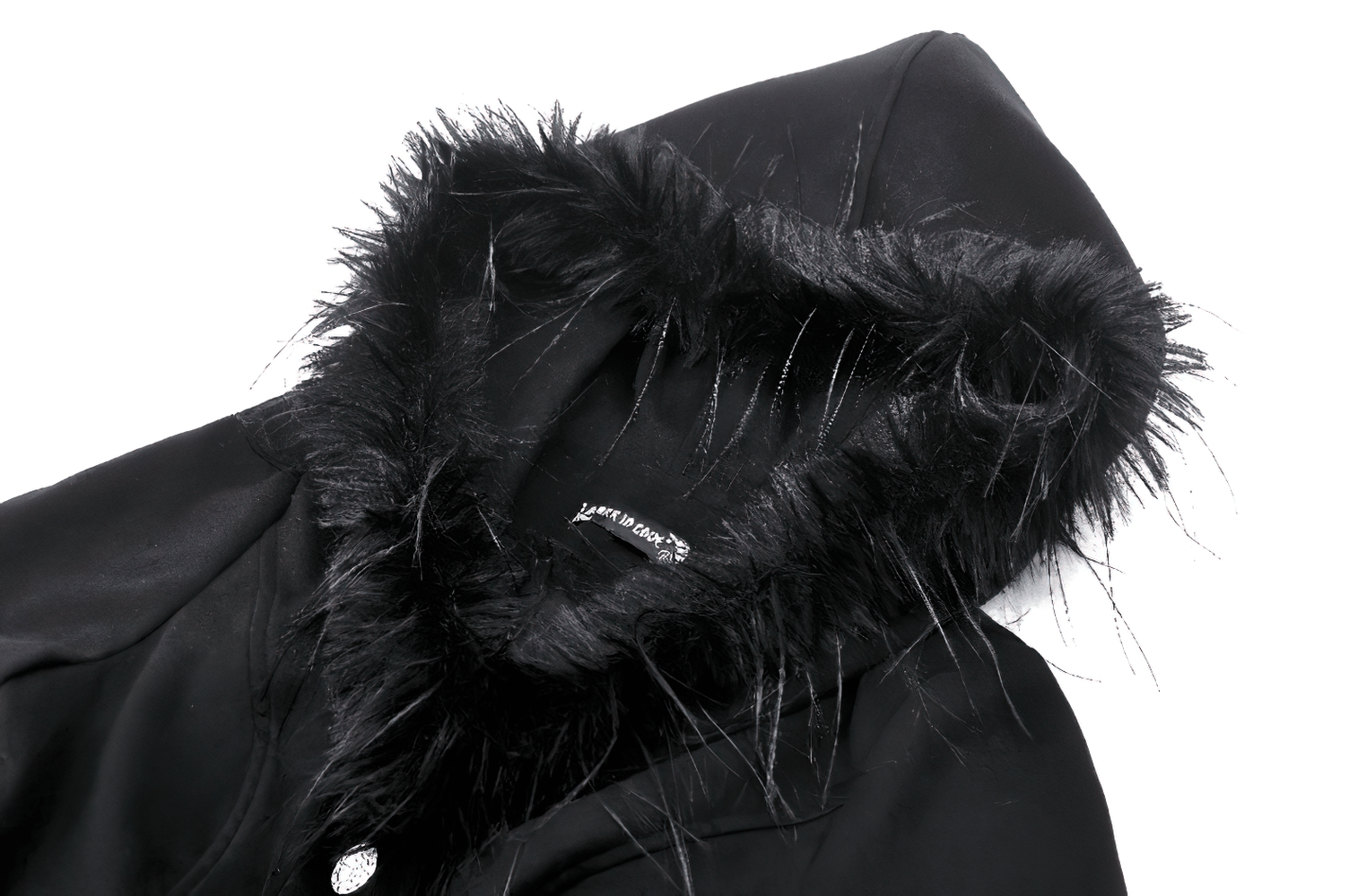 Luxurious black hood with faux fur trim from a gothic coat, showcasing elegance and warmth for winter outings.