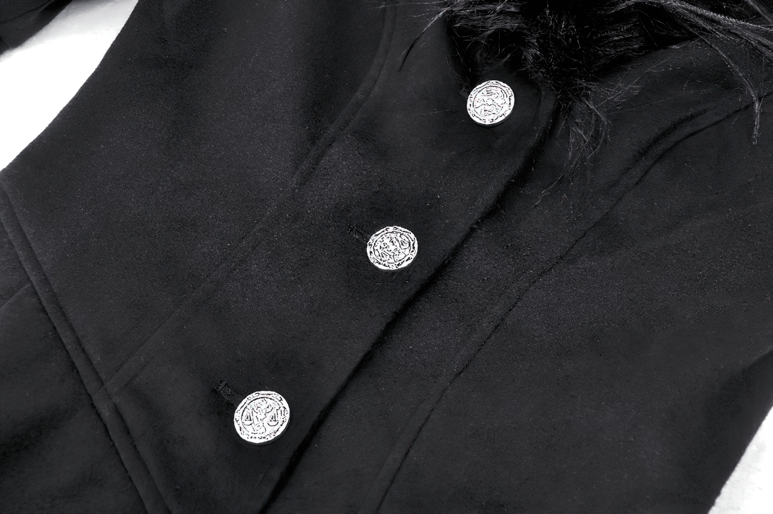 Elegant black gothic coat with silver-tone buttons and soft faux fur detail, perfect for winter fashion.