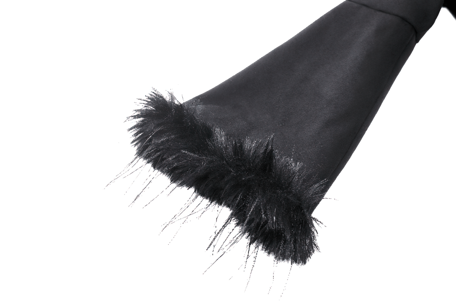 close-up of the luxurious faux fur trim on a sleek black coat sleeve, adding elegance and a gothic flair.