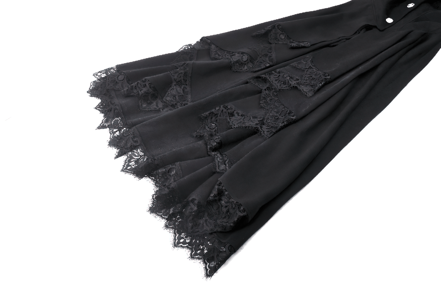 Luxurious black lace-trimmed fabric showcasing elegant details of a gothic hooded coat for women.