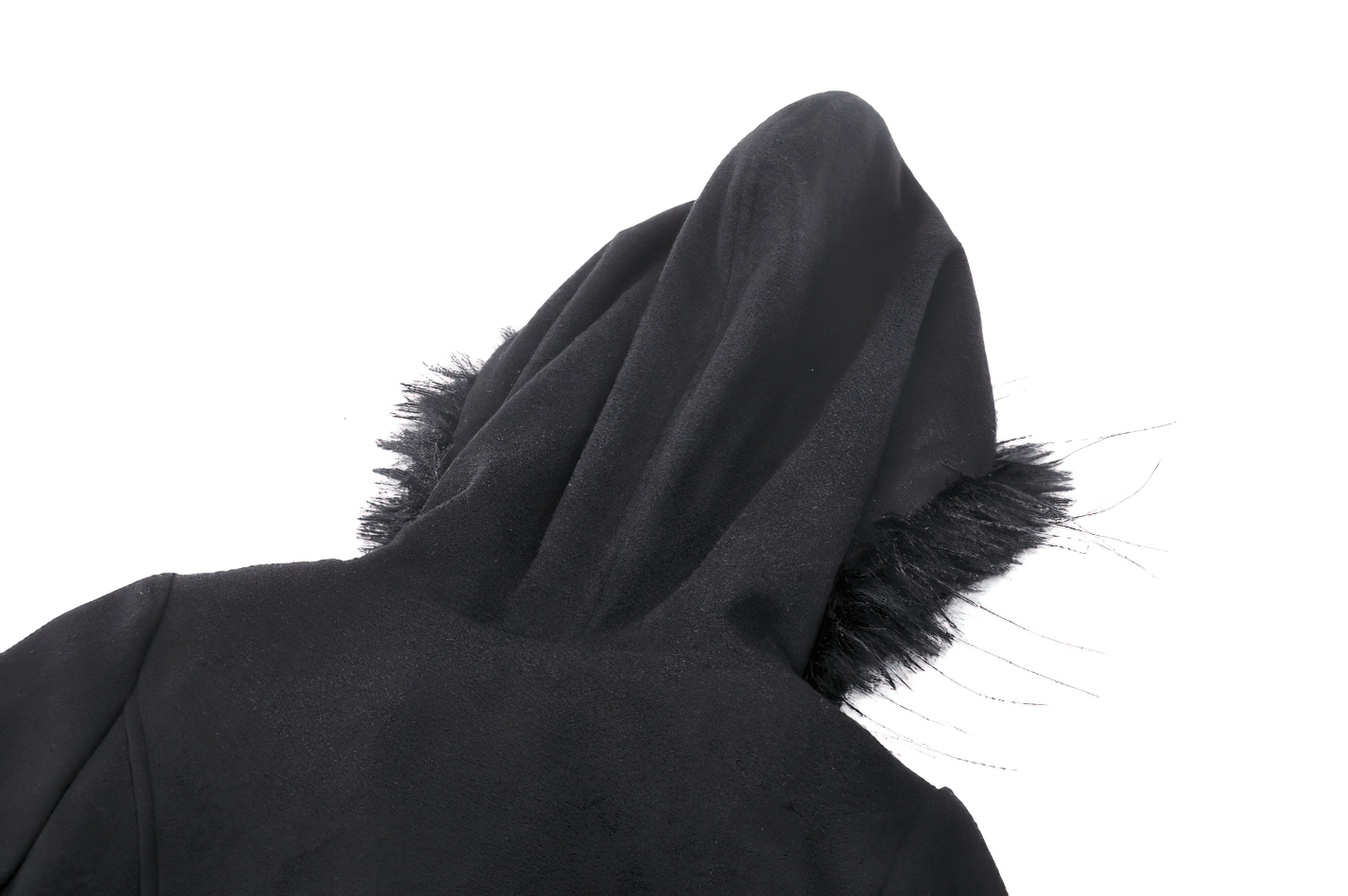 back view of a luxurious black gothic coat hood lined with soft faux fur, showcasing its elegant design and mysterious allure.