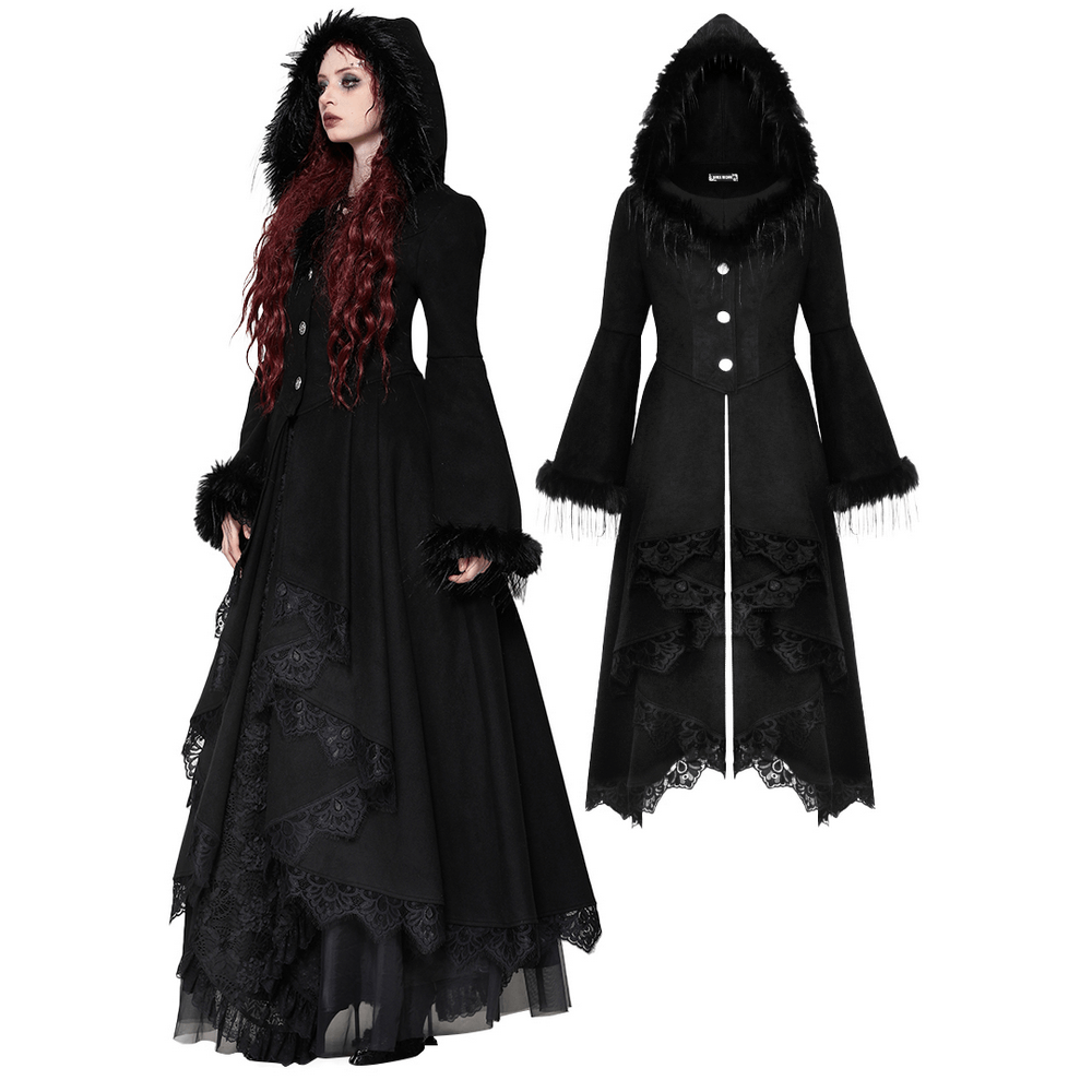 Luxurious lace-trimmed Gothic hooded coat for women in black, featuring faux fur hood and elegant lace details.