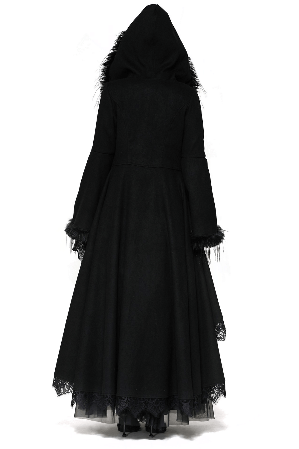 Back view of a luxurious lace-trimmed gothic hooded coat for women, featuring a dramatic hood and elegant long sleeves.