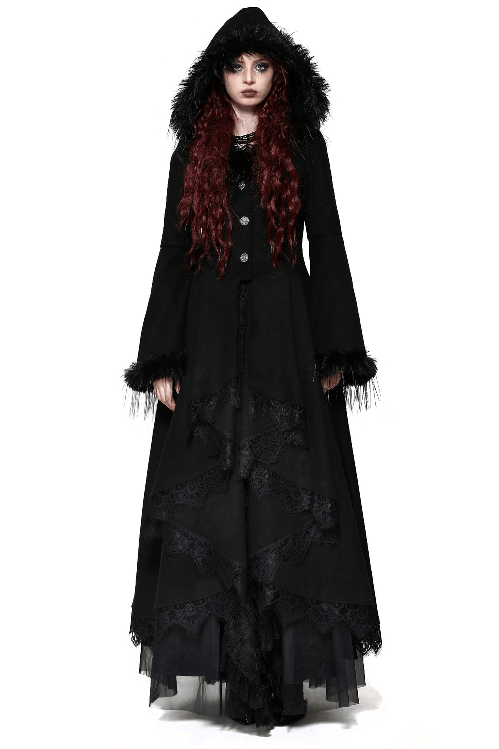 Elegant woman in a luxurious lace-trimmed gothic hooded coat with faux fur, radiating dark allure and style.