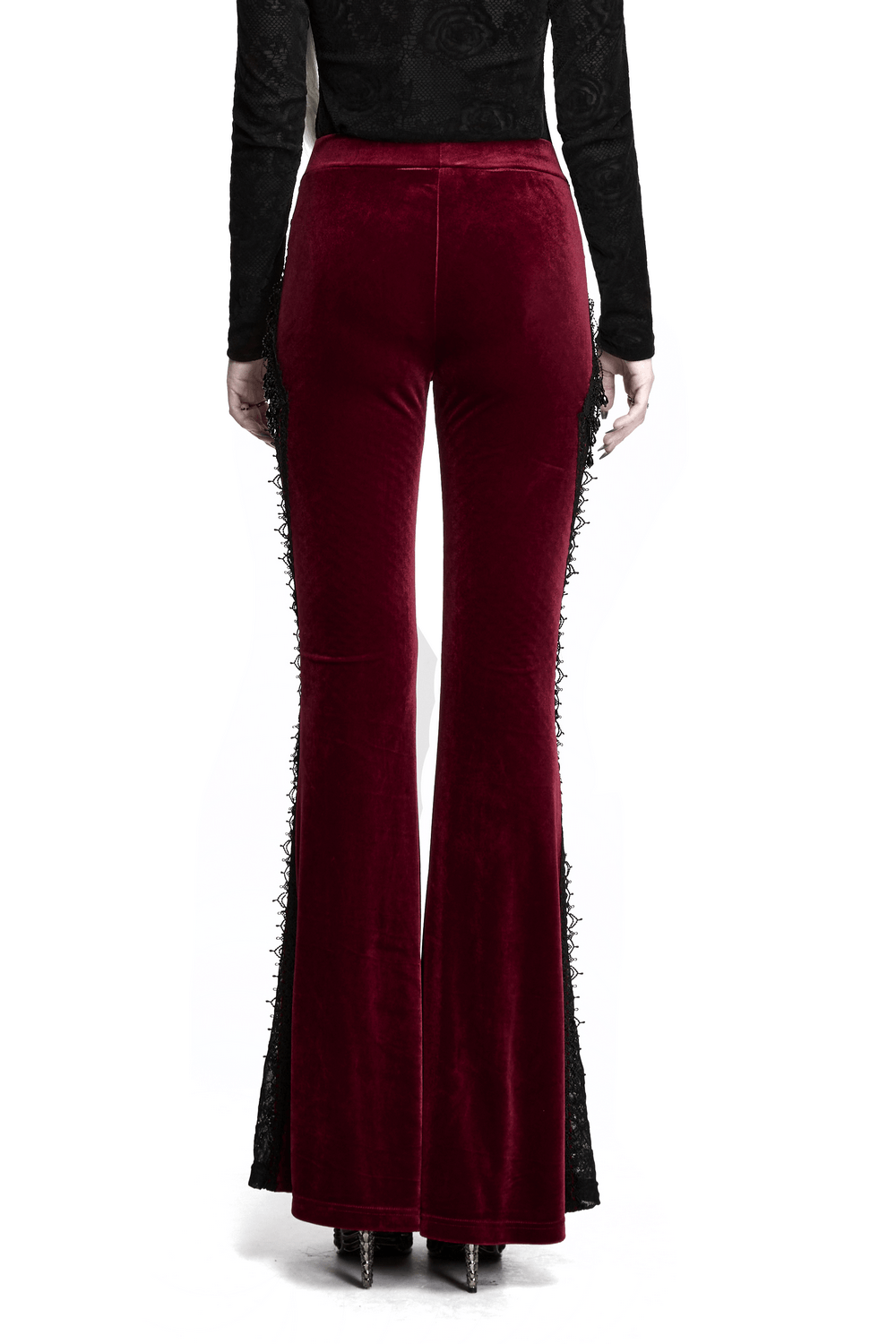 Luxurious Velvet Flared Pants with Lace Side Panels showcasing gothic elegance and intricate lace detail from the back.
