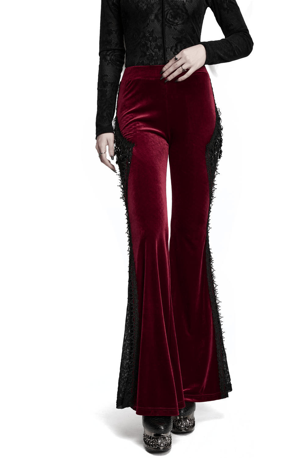 Luxurious Velvet Flared Pants with Lace Side Panels, showcasing gothic elegance and intricate lace details.