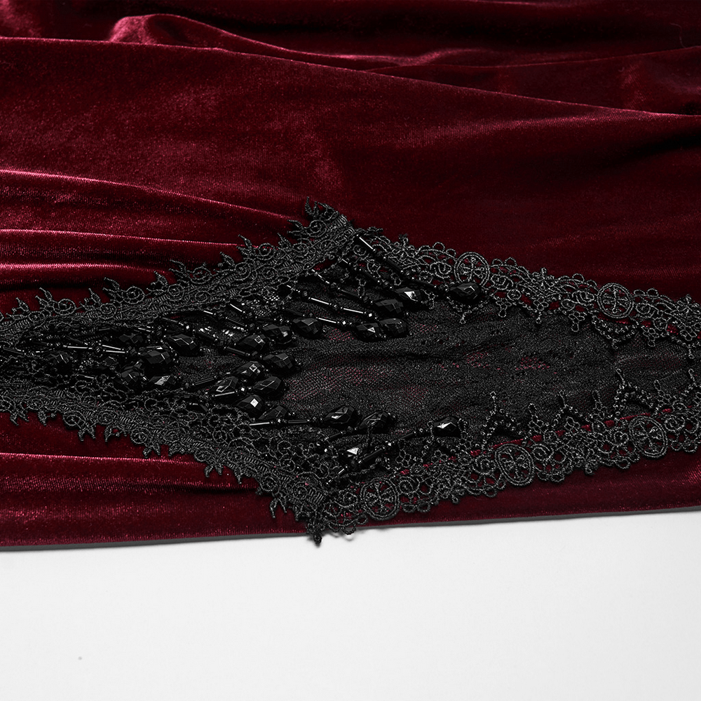Luxurious Velvet Flared Pants with Lace Side Panels featuring elegant black lace detail and tassel bead chains.