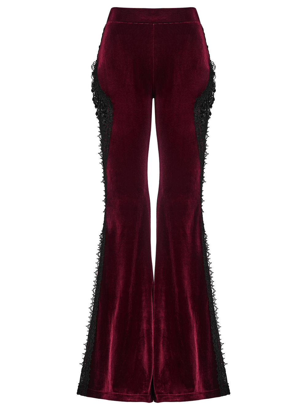 Luxurious Velvet Flared Pants with Lace Side Panels in rich burgundy, featuring intricate lace details and elegant flared legs.