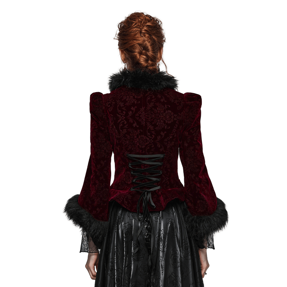 Back view of Luxurious Velvet Fur-Trimmed Gothic Short Jacket showcasing elegant detailing and rich texture.