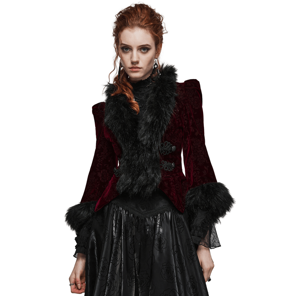 Gothic luxury: velvet fur-trimmed short jacket, perfect for adding elegance and drama to any outfit.