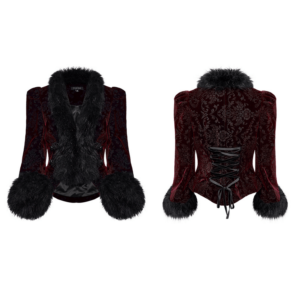 Luxurious velvet gothic short jacket with fur trim and lace-up back design, perfect for elegant goth fashion.