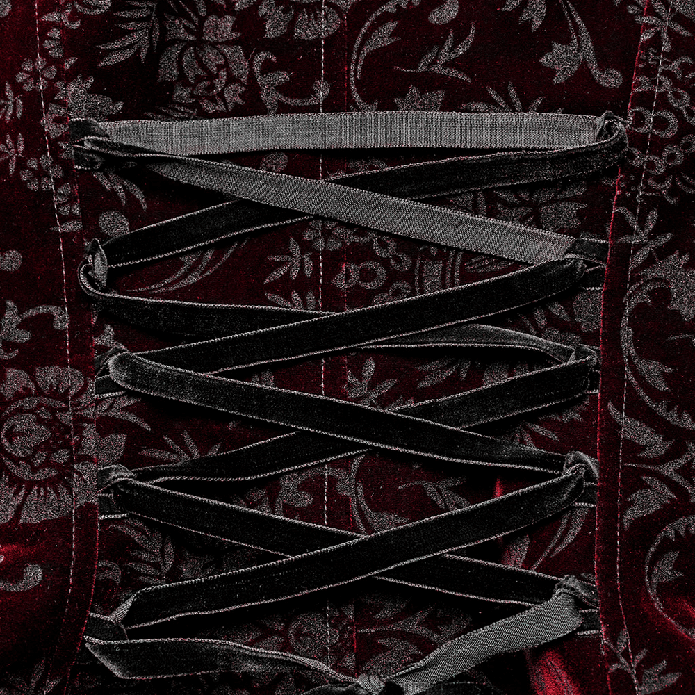 Stylish close-up of gothic velvet fabric with elegant lacing detail, showcasing luxurious texture.